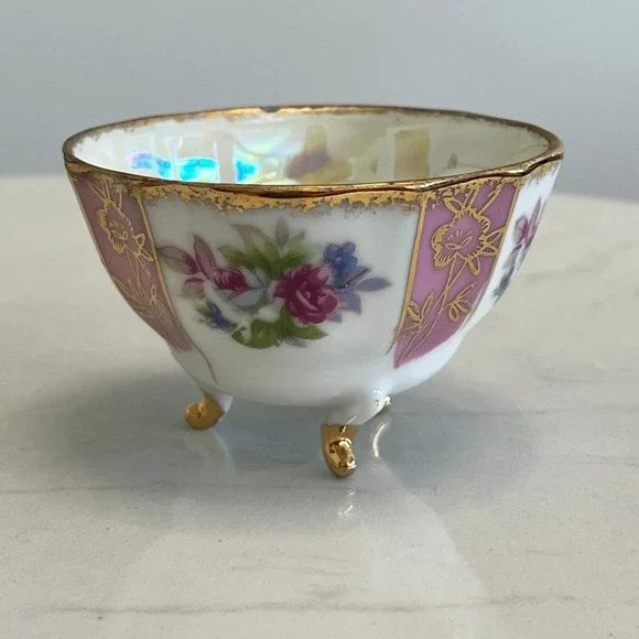 Vtg Pink Lusterware Footed Teacup Saucer Floral Gold Rim Tea Cup Iridescent - Picture 9 of 13